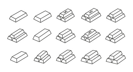 Collection of outline icons representing gold bars in various arrangements, including single bars and stacks, some with dollar signs, perfect for infographics, financial articles, books, flyers, and