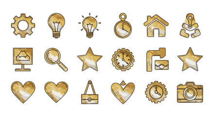 Golden Marble Texture Icons Set: A collection of elegant vector icons featuring a luxurious golden marble texture, perfect for technology, business, and lifestyle themes. Includes symbols for gear