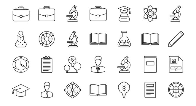 Collection of outline symbols for briefcase, microscope, books, graduation cap, atom, flask, clock, clipboard, person, pencil, document, and lightbulb, drawn with thin lines on a black background