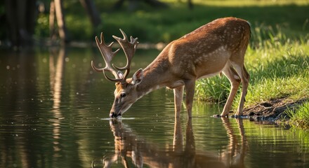 Obraz premium A majestic wild deer drinks cool fresh water from a sparkling natural lake during the morning sunlight hours of summer, buck, fresh, environment