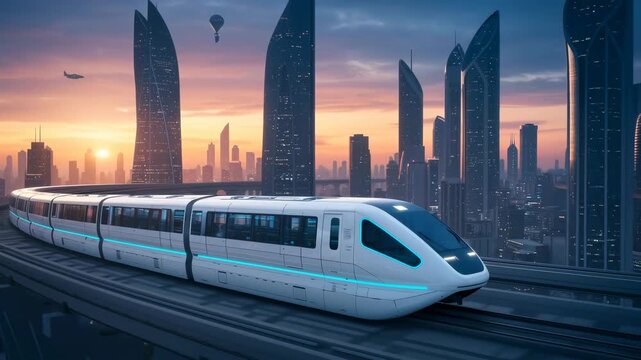 Futuristic maglev train traveling on elevated railway in a modern city at sunrise, urban transport technology animation