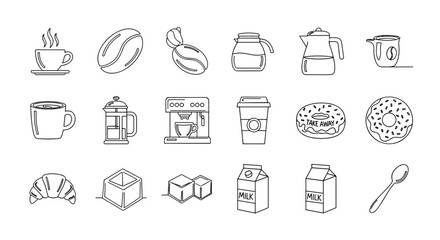 Collection of coffee-related outline icons for graphic and web design, apps, adverts, and various cards. This ordered set includes a steaming cup of coffee, coffee beans, a French press, a coffee