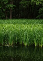 Obraz premium Dense green reeds growing out of reflective calm water in a wetland environment, symbolizing nature's quiet strength and serenity ,green ,vegetation ,horizontal