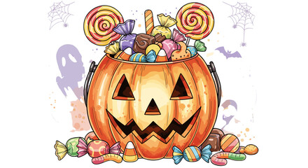 Vibrant watercolor illustration of a carved Halloween pumpkin overflowing with a delightful assortment of colorful candies, lollipops, and treats, set against a spooky black background with playful