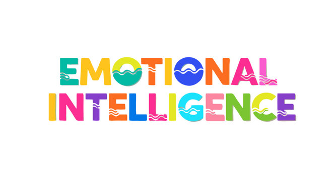 Vibrant and colorful typography banner spelling out "EMOTIONAL INTELLIGENCE" in a playful, bold font with wavy water-like textures within some letters, set against a stark black background, perfect