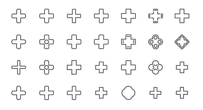 A collection of thin line plus sign icons, featuring various styles and designs, including rounded edges, four circles, and a diamond shape, all presented as outline signs perfect for graphic and web