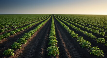 Evenly spaced agricultural potato rows thrive in fertile dark soil, illustrating structured farm cultivation extending far into the distance ,farming, season, potatoes