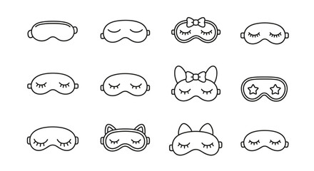 Collection of simple line art sleep masks, including a classic design, a mask with a bow, a cat-ear mask, and a star-shaped eye mask, representing comfort and rest, perfect for sleep-related themes
