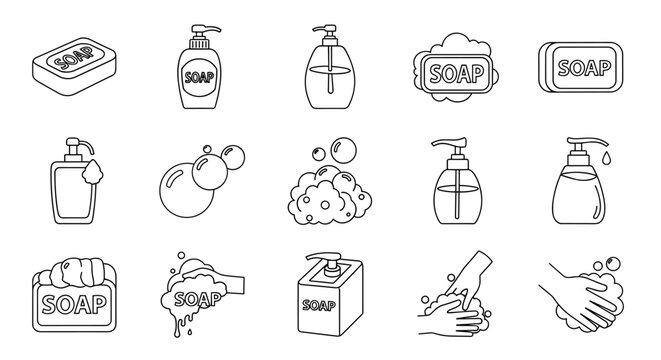 Collection of outline icons representing soap and handwashing, including bar soap, liquid soap dispensers, soap bubbles, and hands being washed, ideal for graphic design, web, apps, and advertising