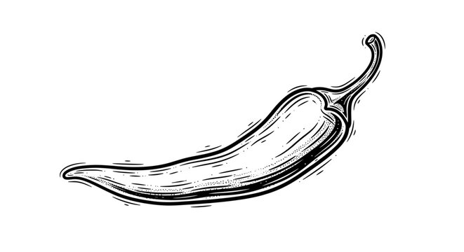 Vintage black and white illustration of a chili pepper, a retro hand-drawn vector graphic with a textured, sketchy style on a black background, perfect for culinary themes, spice, and Mexican food