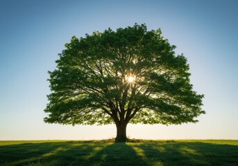 Obraz premium The mighty silhouette of a lone tree dominates the landscape, its vibrant green canopy glowing under the intense power of natural daylight, bright, peaceful, alone