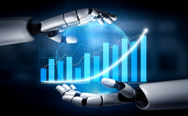 Two robotic hands surround a vibrant bar chart symbolizing growth in a digital world. The background features an abstract globe, representing global data trends. Impute