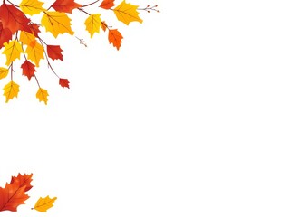 Autumnal leaf corner design with vibrant red orange and yellow foliage accents