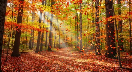 Sunbeams illuminate a forest path covered in autumn leaves.