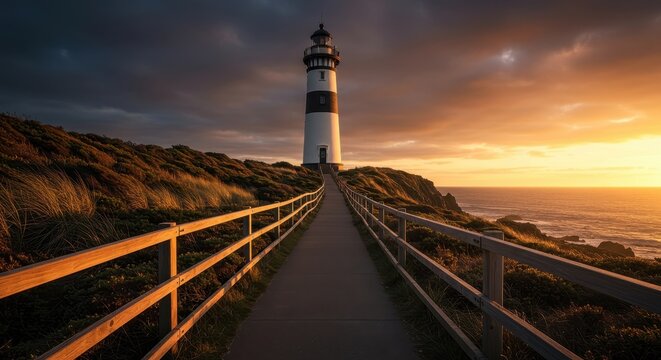 A beautiful coastal pathway winding toward a towering lighthouse beacon, illuminated by the warm, dramatic colors of the setting sun ,beacon ,ocean ,structure