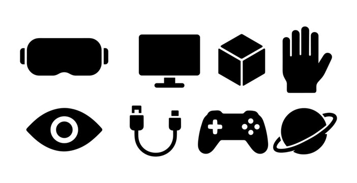 Set of technology icons: vr headset, screen, gaming controller, and more in silhouette style