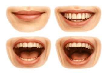 Naklejka premium Mouths displaying various expressions, ranging from joyful smiles to wide open laughter, set on a transparent background