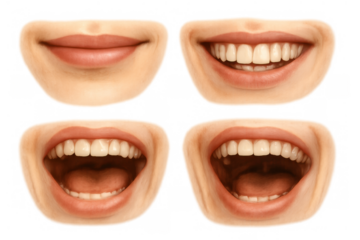 Mouths displaying various expressions, ranging from joyful smiles to wide open laughter, set on a transparent background