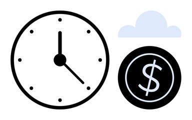 Clock symbolizing time, coin with a dollar sign for financial value, and a cloud for modern connectivity. Ideal for time management, financial planning, saving, strategy, productivity, investments