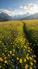 Vibrant Wildflower Meadow Path Leading to Majestic Mountain Range.