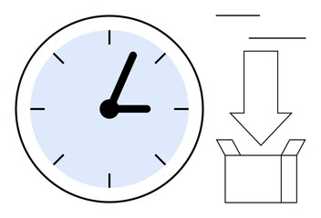 Wall clock with black hands, downward arrow, and open box representing time tracking, punctuality, deadline adherence, workflow optimization, task prioritization, productivity, and process