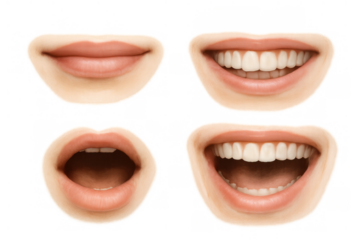 Human lips expressing different emotions and feelings, smiling, laughing, and speaking with open mouth, transparent background