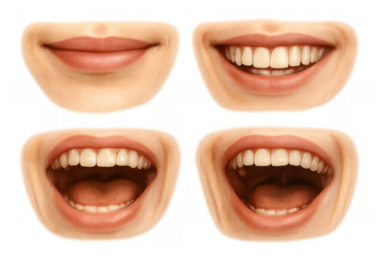 Mouths displaying various expressions, ranging from joyful smiles to wide open laughter, set on a transparent background - Powered by Adobe