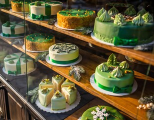 Christmas Green Cakes Display in Bakery Shop Window with Festive Decorations