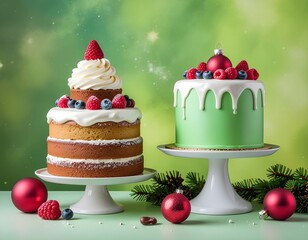 Christmas Celebration Cakes with Berries and Holiday Decorations on Green Background