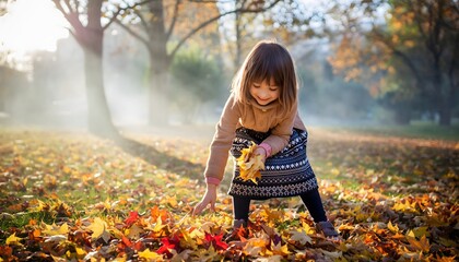 Child Collecting Jewel-Toned Autumn Leaves Joyful Outdoor Activity