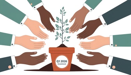 Diverse Hands Planting Tree Q1 2026 Green Finance Investment Vector