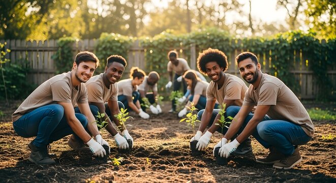 Diverse Volunteers Planting Trees for a Sustainable Future in a Green Environment