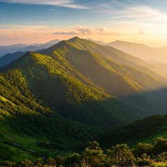 Majestic Mountain Range Bathed in Golden Hour Sunlight.