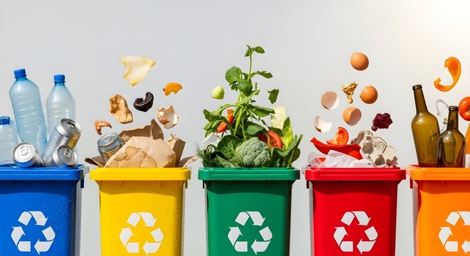 Sorted Waste Management System Recycling Bins and Assorted Trash for Sustainability - Powered by Adobe