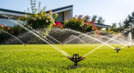 Lawn Sprinklers Watering a Lush Green Yard with Blooming Roses in the Background