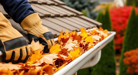 Cleaning Gutters Filled with Autumn Leaves Home Maintenance for Fall Season