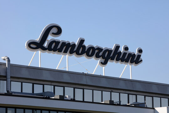 Sant'Agata Bolognese, Metropolitan City of Bologna, Italy - Oct 17, 2025: The Lamborghini headquarters in Sant'Agata Bolognese. Lamborghini is a luxury sports car manufacturer.