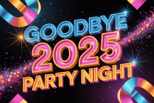 Celebrate the vibrant 'Goodbye 2025 Party Night' with festive decorations, confetti showers, and dazzling light effects, perfect for New Year's themed promotions