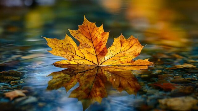 Vibrant Orange Maple Leaf with Detailed Veins and Holes Floating on Rippling Blue Water with Reflection, Autumn Concept