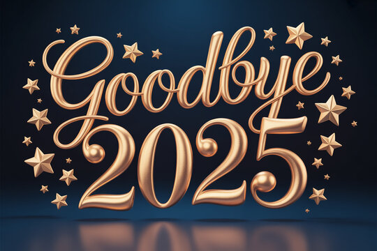 Glamorous golden Goodbye 2025 lettering with sparkling stars for festive New Year's celebrations and elegant end-of-year promotions, perfect for stylish seasonal greetings