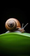 A macro photograph capturing a small garden snail resting peacefully on a textured green leaf, showing the spirals of its shell structure ,resting ,freshness ,animal