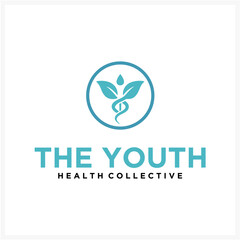 Elegant logo concept with a Rod of Asclepius snake and plant leaves in a circle. Modern symbol for natural health, wellness, and holistic medicine. 176