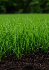 Fototapeta premium Close up texture of vibrant green lawn grass growing from nutrient rich dark fertile soil suitable for organic agriculture, gardening, and ecology ,ecosystem ,land ,organic