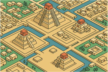 Obraz premium Ancient aztec cityscape in isometric style with pyramids and canals