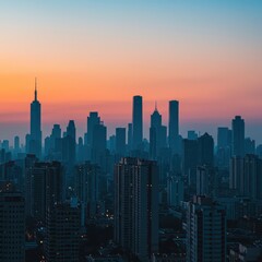 Vibrant twilight illuminating a massive metropolitan area filled with towering modern architectural structures standing against the fading light ,orange ,architecture ,large