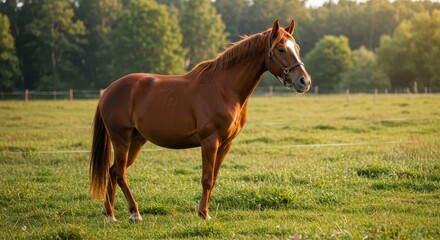 A beautiful chestnut mare stands gracefully in a green summer pasture under the bright afternoon sunlight, displaying powerful equine anatomy, chestnut, animal, peaceful