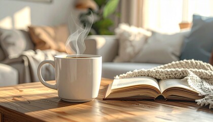 Coffee mug and open book on a wooden table in a cozy living room