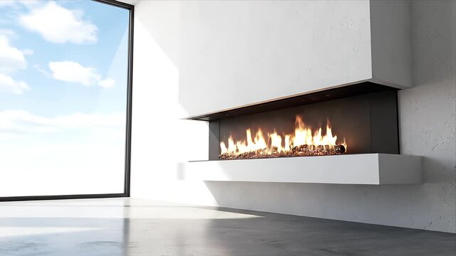 Luxury modern living space featuring a long horizontal fireplace with active flames and logs expansive window view of a clear blue sky minimalist white walls