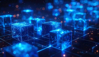 Glowing blue cubes scattered on a dark, gridded surface, creating a sense of depth and technological advancement. The cubes appear translucent, with internal light and sparkle 