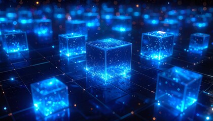 Glowing blue cubes scattered on a dark, gridded surface, creating a sense of depth and technological advancement. The cubes appear translucent, with internal light and sparkle 